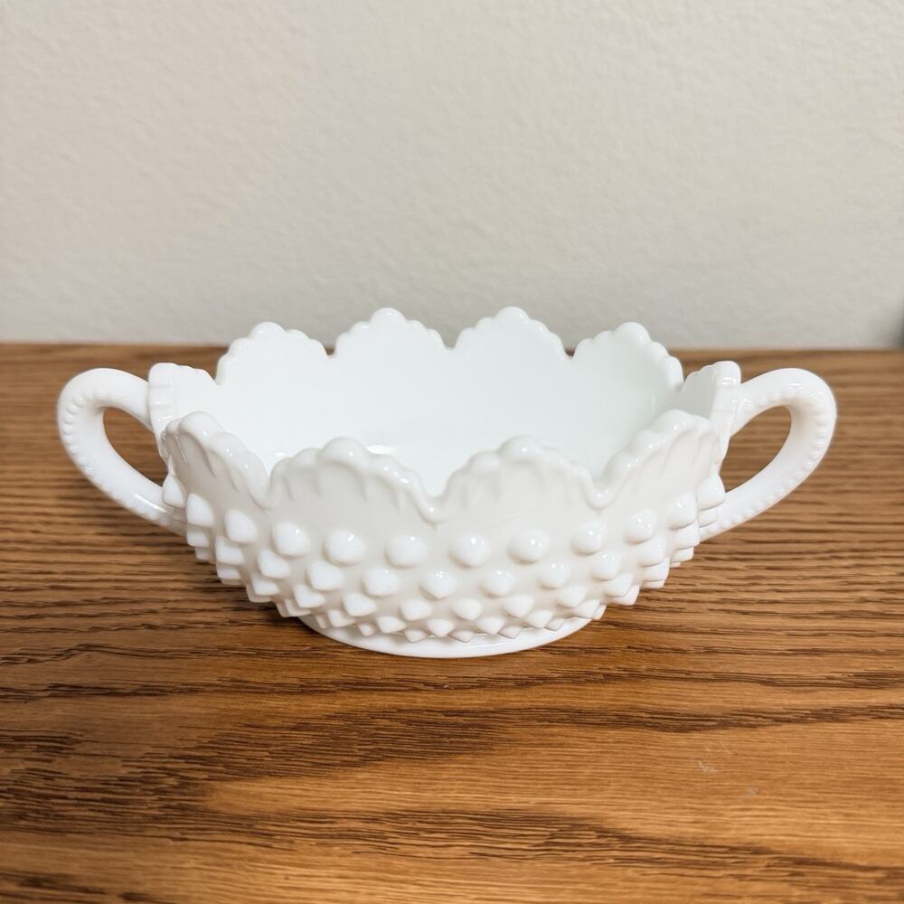 Fenton Milk Glass Double Handled Hobnail Candy Dish Ruffled Edge